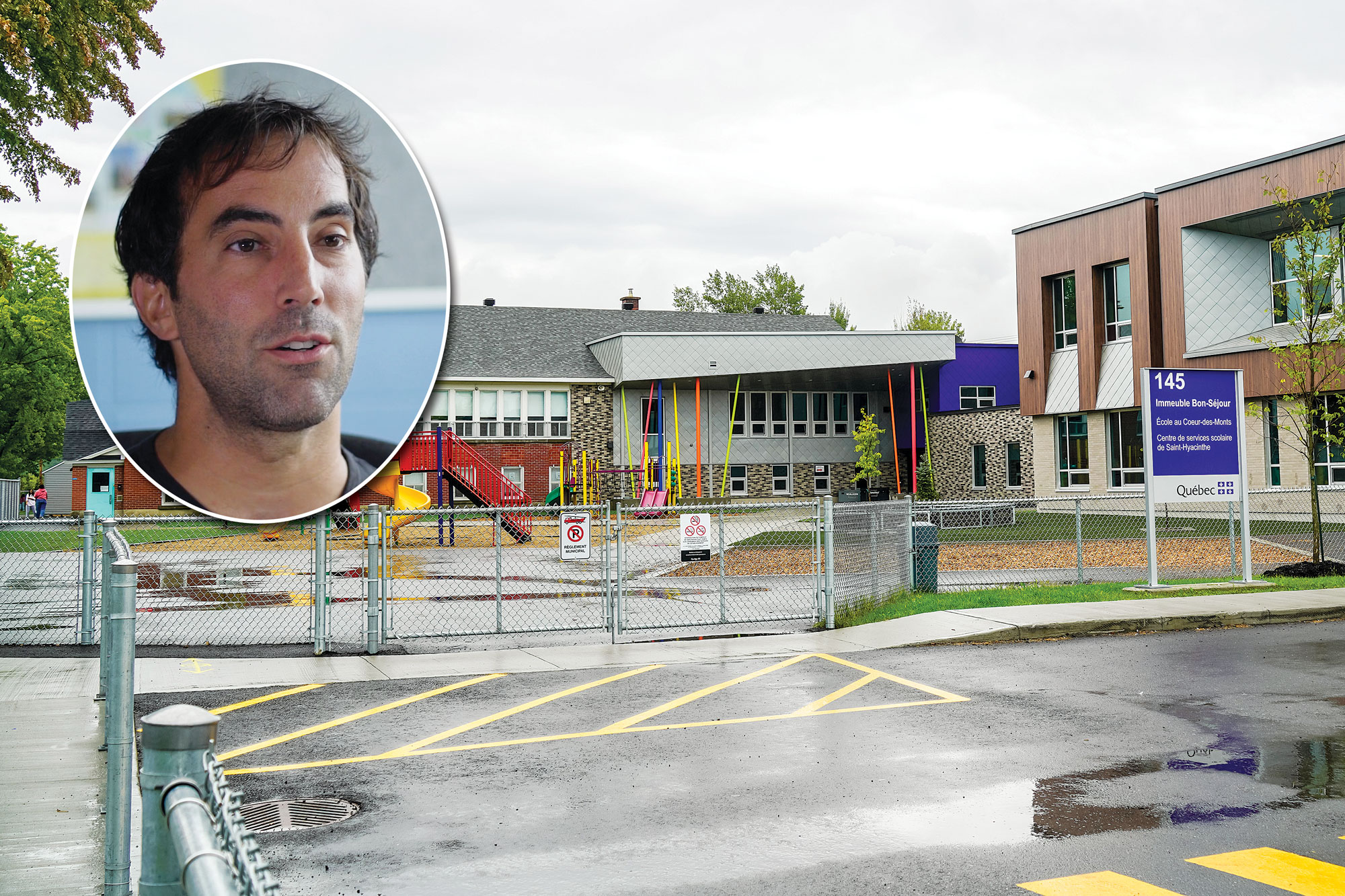 Jean-François Senécal, un enseignant de sixième année de l’école au Cœur-des-Monts de Saint-Pie, a été arrêté et accusé de quatre chefs d’accusation de nature sexuelle commise à l’égard d’une personne mineure de moins de 16 ans. Photo François Larivière | Le Courrier © et capture d’écran du site Fonofone