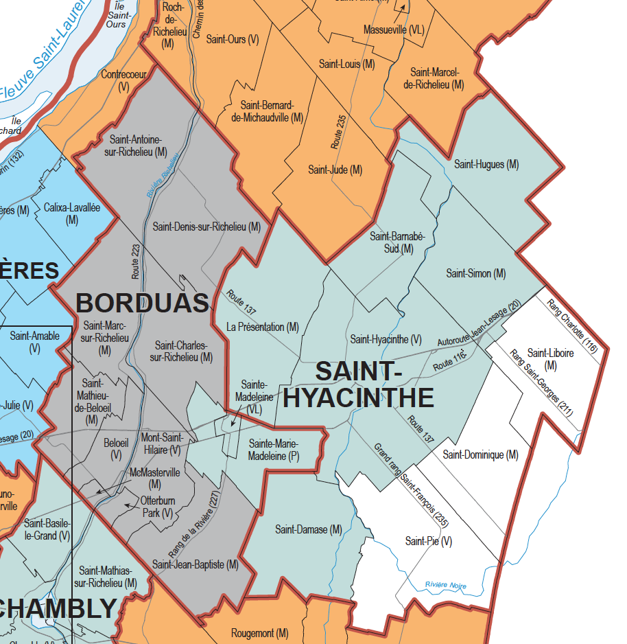 La circonscription de Saint-Hyacinthe pourrait changer avec le redécoupage proposé qu’on voit ici en vert. Le tracé rouge délimite la circonscription actuelle. Capture d’écran tirée du site Élections Québec