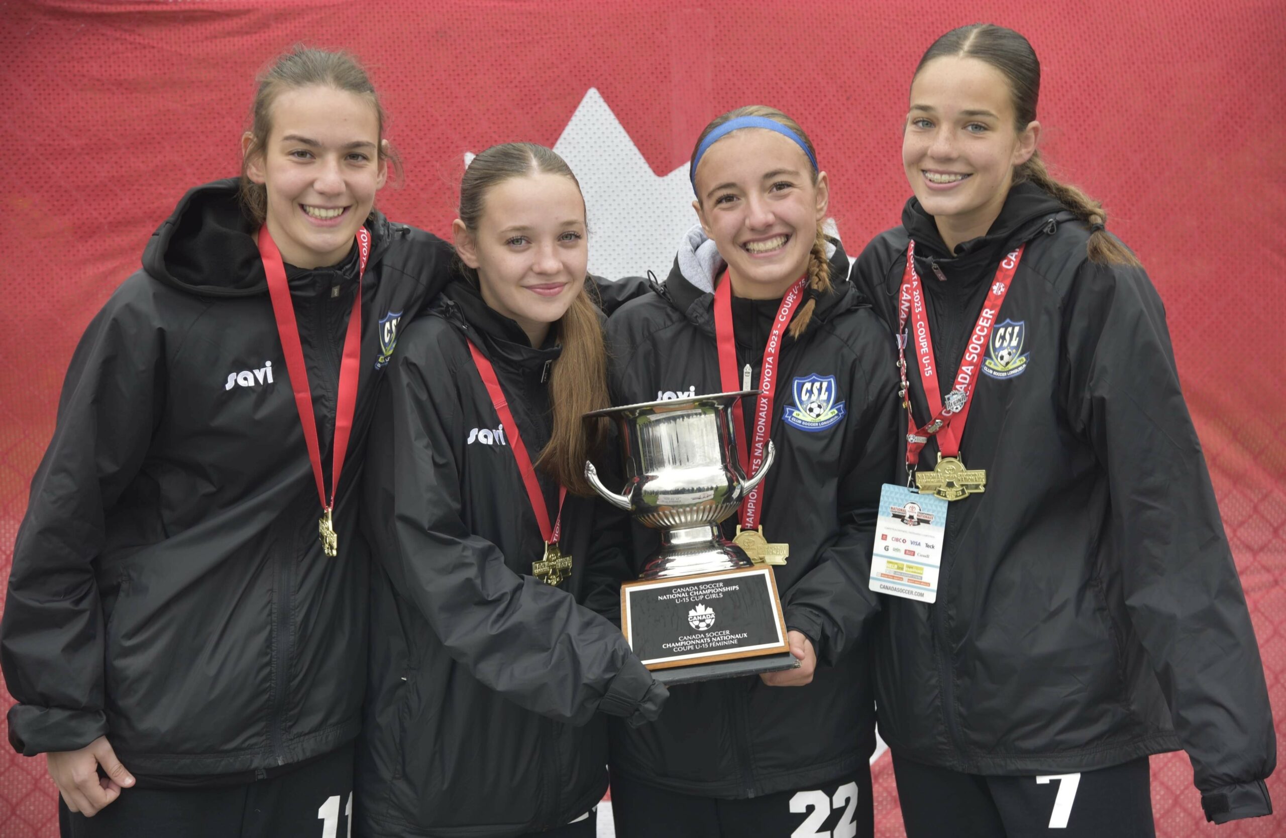 Rosalie Couture, Sarah-Maude Dumas, Maïla Brunelle et Sara-Ève Gaucher ont remporté le championnat canadien de soccer féminin dans la catégorie U15 avec le CS de Longueuil. Photo gracieuseté