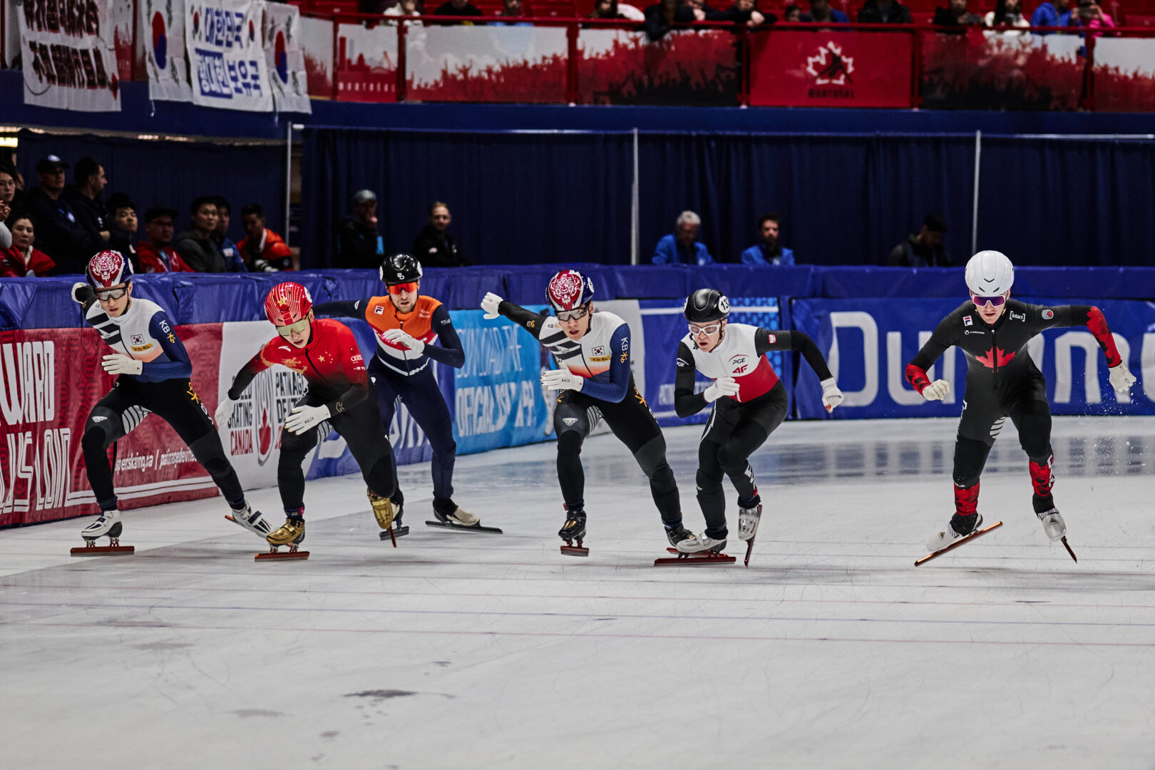 Félix Pigeon (deuxième à partir de la droite) a atteint une finale A et deux finales B lors des Coupes du monde de patinage de vitesse courte piste présentées à Montréal à la fin octobre. Photo Christian Martin - Patinage de vitesse Canada