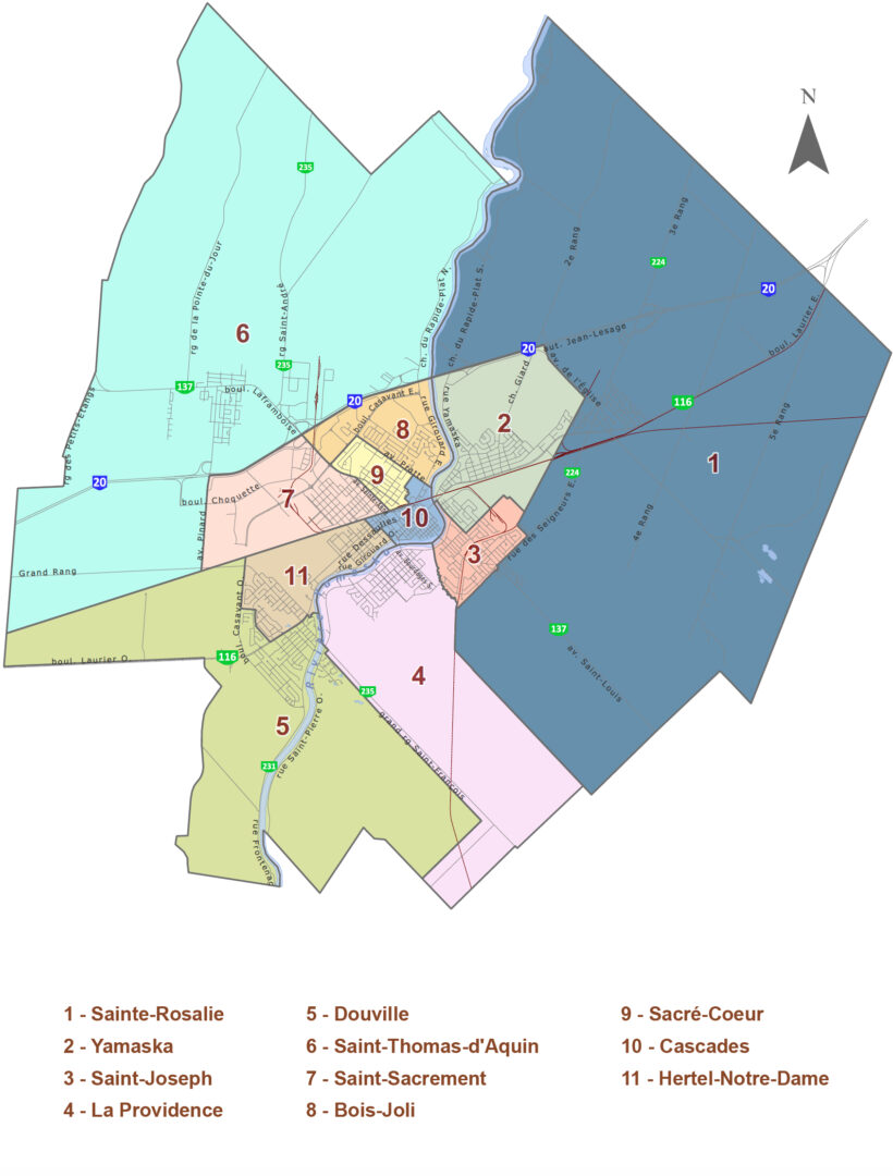 La carte des districts électoraux actuels de Saint-Hyacinthe.