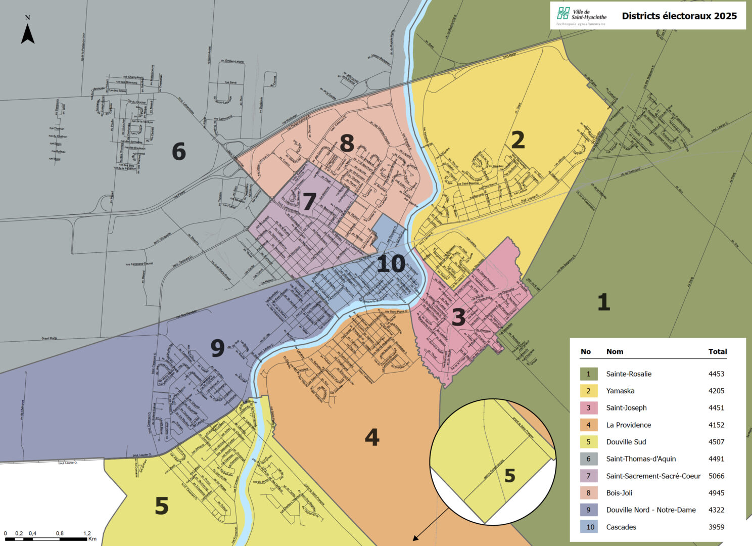 La future carte des districts électoraux de Saint-Hyacinthe pour les élections municipales de 2025.