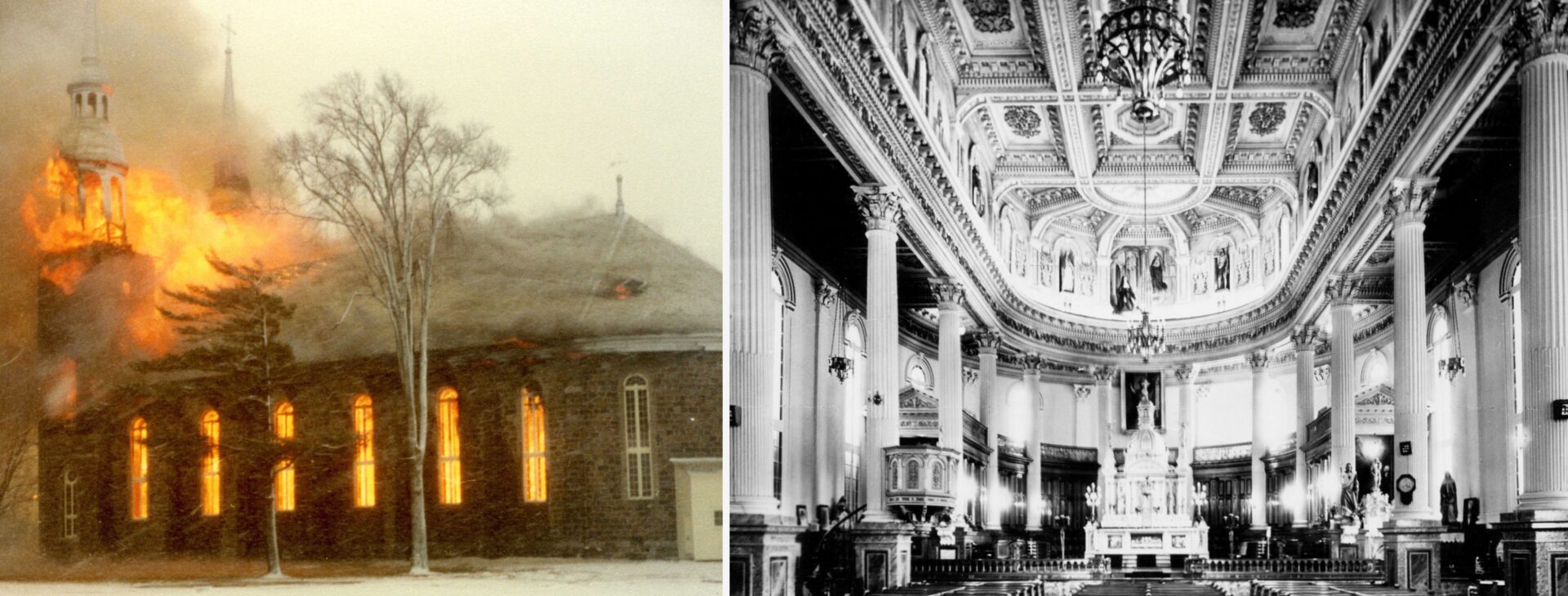 Incendie de l’ancienne église de Saint-Hugues et intérieur vers 1955. Photos Collection du Centre d’histoire de Saint-Hyacinthe, fonds histoire religieuse, CH479