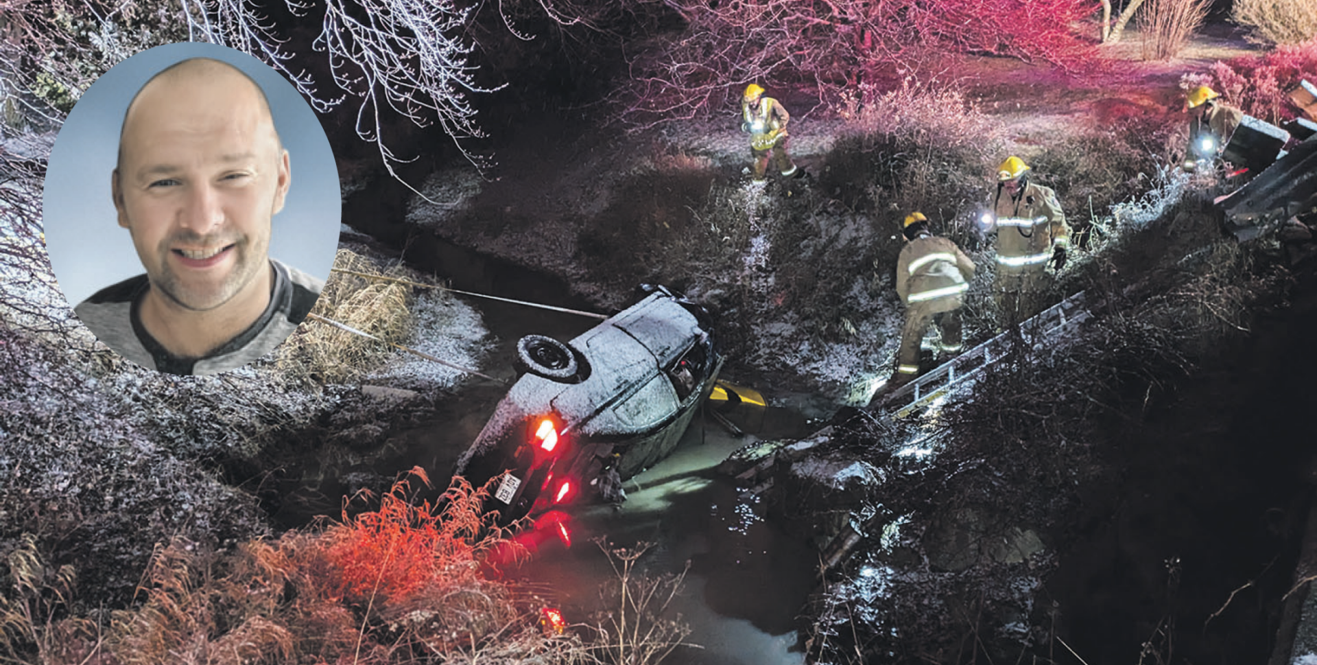 Patrick Filion (en médaillon), un résident de Sainte-Madeleine âgé de 44 ans, a perdu la vie dans un accident de la route, le 29 novembre, à Sainte-Marie-Madeleine. Photo Adam Bolestridge ǀ Le Courrier © et Résidence funéraire Jodoin