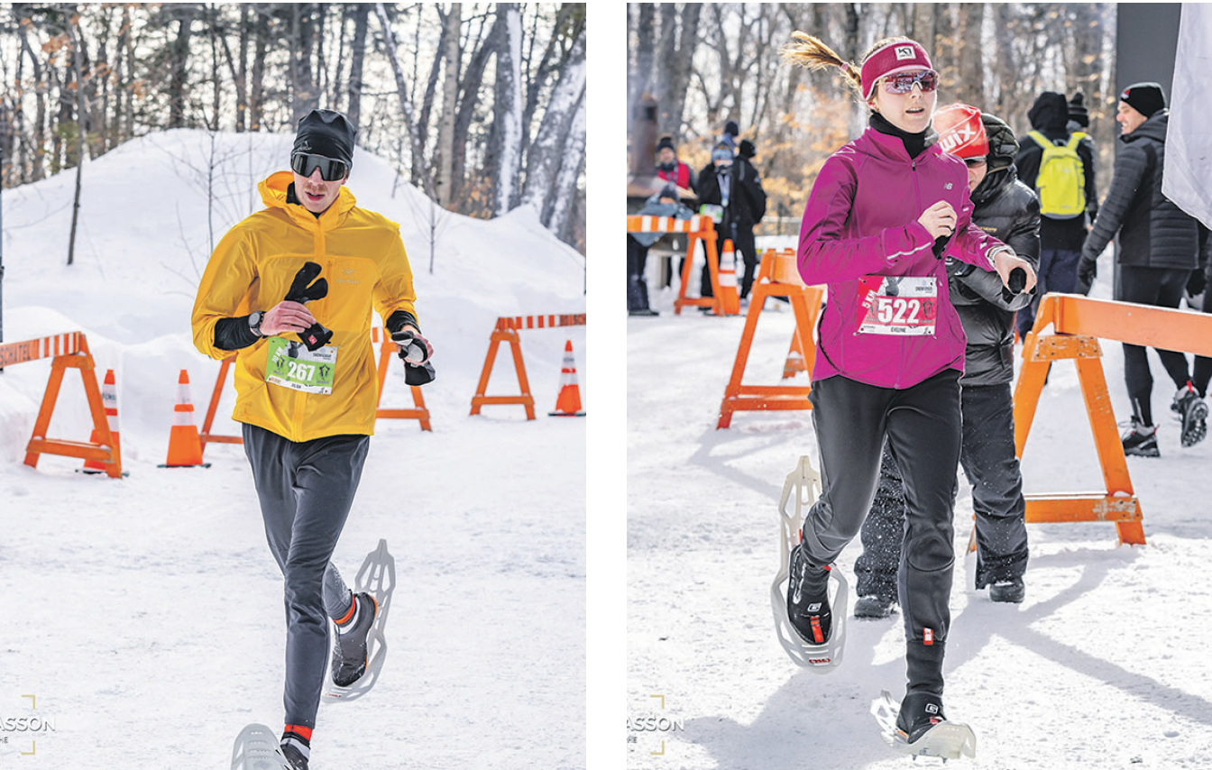 Julien Pinsonneault et Evelyne Ouellet ont remporté le championnat canadien de course en raquettes sur la distance de 5 km. Photo gracieuseté (Keith Chiasson - Snownergie)