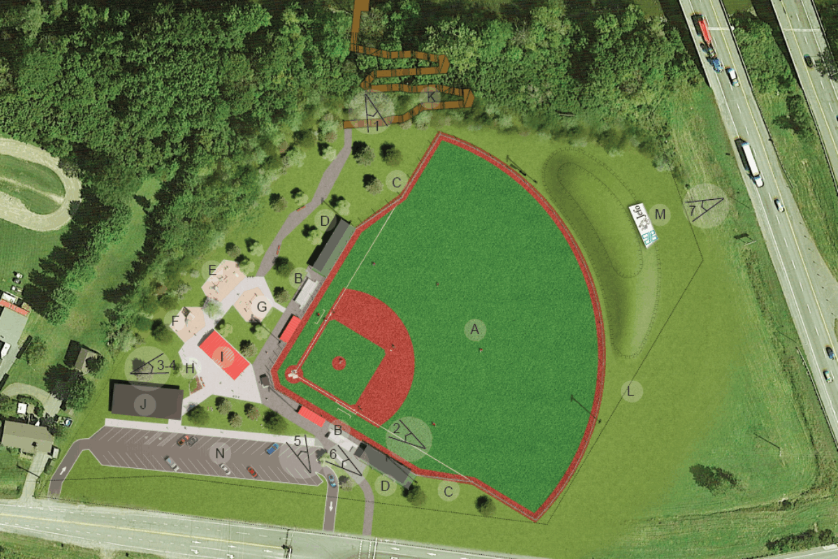 Le parc de quartier où se trouvera le terrain de baseball de niveau junior longera la rivière Yamaska et sera encadré de l’autoroute 20 et du chemin du Rapide-Plat Nord. Illustration gracieuseté