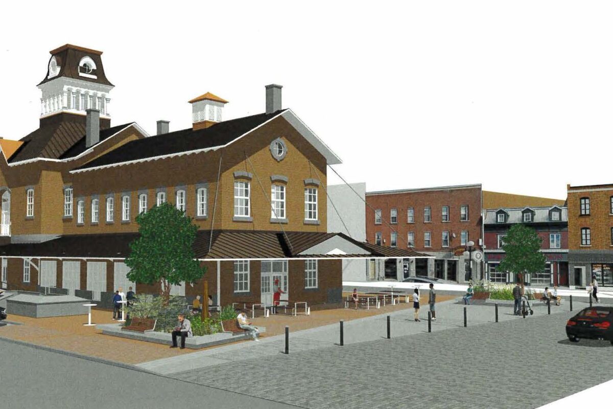 La Ville de Saint-Hyacinthe aménagera une terrasse à l’arrière du 1555 Marché public. Maquette gracieuseté