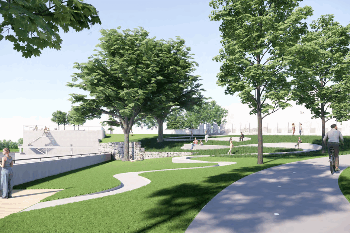L’entreprise qui remportera l’appel d’offres aura pour mandat d’aménager le parc des Tisserands et la parcelle de la promenade Gérard-Côté en dessous du pont Barsalou. Illustration Daoust Lestage