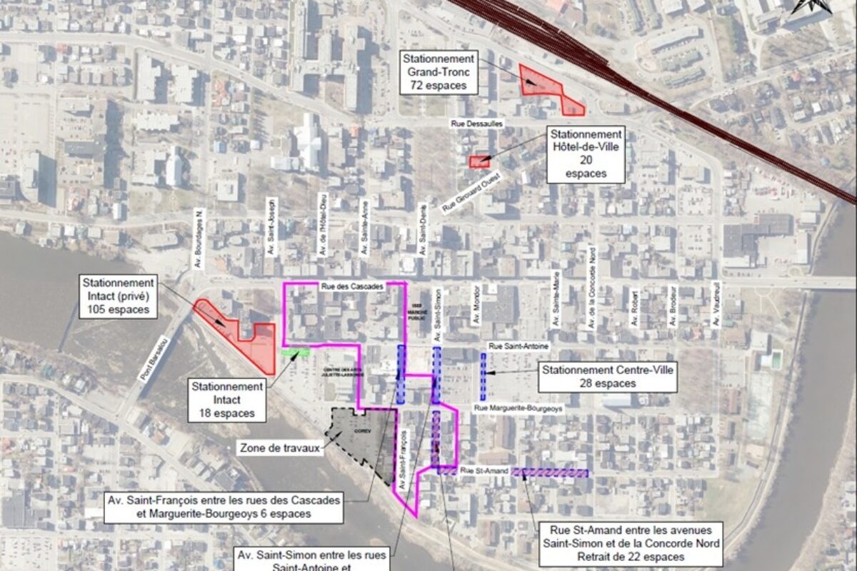 Plus de la moitié des places réservées aux détenteurs de vignettes temporaires au centre-ville de Saint-Hyacinthe ont été retirées. Photo gracieuseté