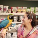 La propriétaire de la Clinique vétérinaire Saint-Jude, Maricela Mejia Dorantes, avec son premier patient, un ara. Photo Robert Gosselin | Le Courrier ©